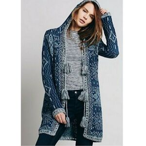 Free People Kai Pom Pom Tassel Tapestry Hooded Cardigan Wool Blend Boho